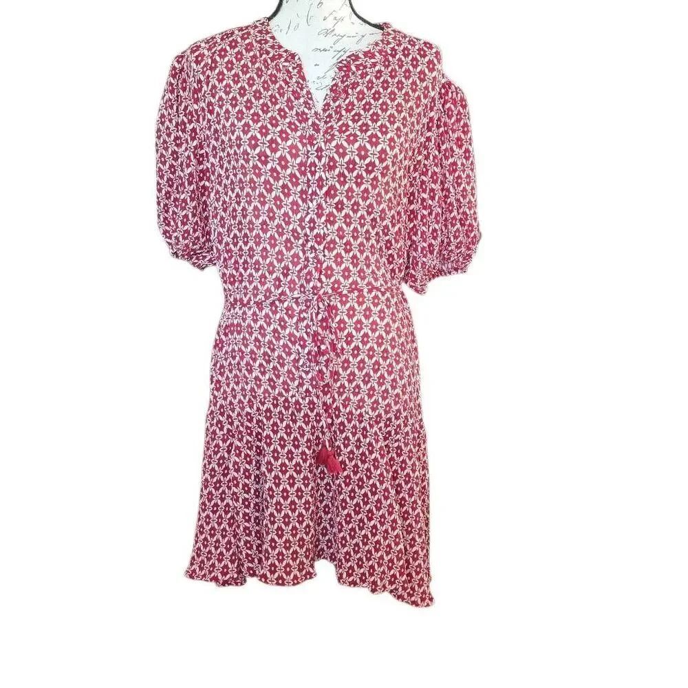 Women's Size Large Red White Print Puff Sleeve Button Down Dress